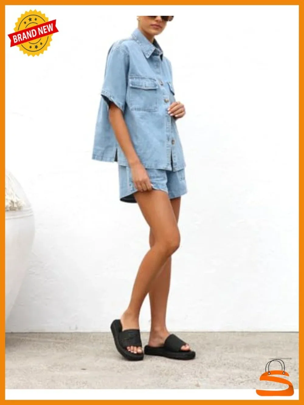 Denim Short Sleeve Button Down Shirt & Wide Leg Shorts Set